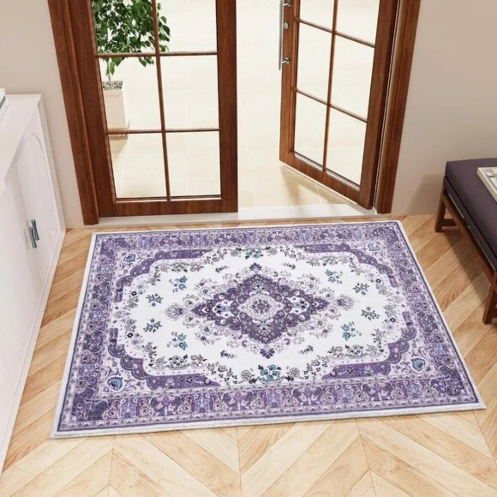 2x3 Purple Floral Rug, Washable Non-Slip Low Pile Vintage Carpet for Entryway