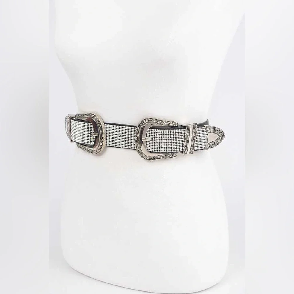 Double Buckle Silver & Black Rhinestone Western Chain Statement Belt