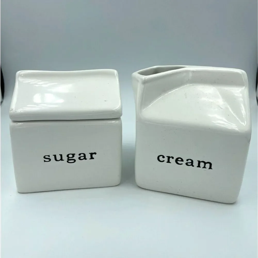 Crate & Barrel Farmhouse Sugar Bowl/Creamer White Ceramic Black Typewriter Text