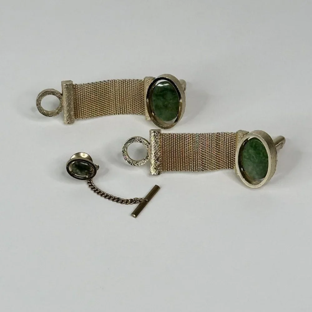 Dante Gold Tone Mesh Cufflinks & Tie Tack Set Green Stone Vintage Mens
