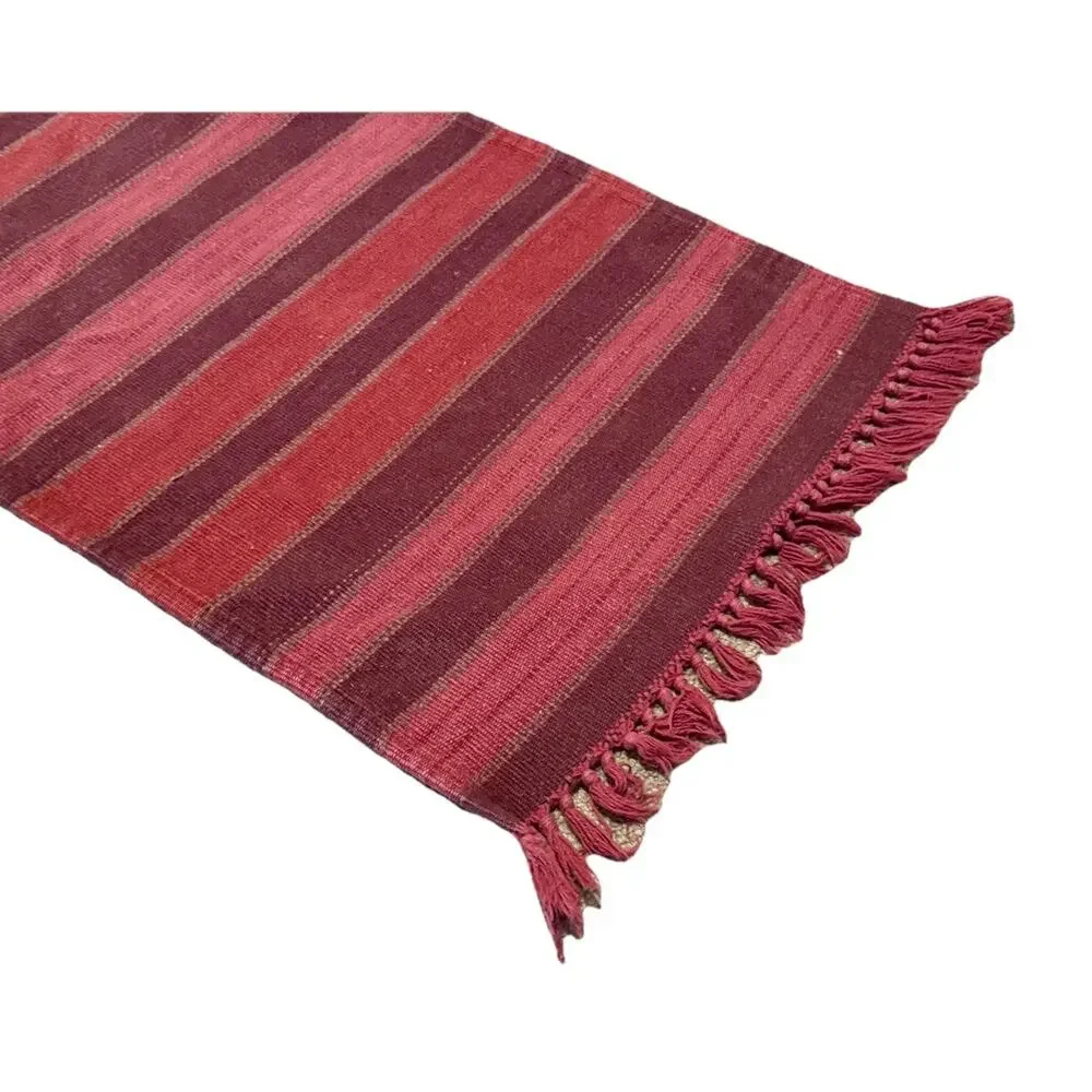 Vintage Cotton Flatweave Scatter Rug Red Purple Pink Stripe Tassels Washable