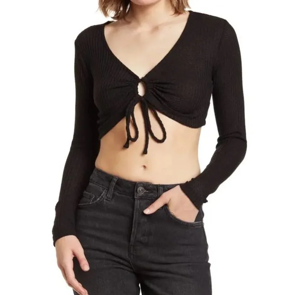 Elodie NWT Long Sleeve Tie Front Waffle Knit Crop Top size XL