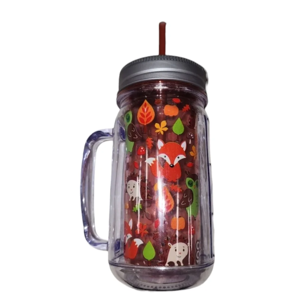 Cool Gear Plastic Mason Jar Fox Forest  Tumbler w/ Straw Insulated 16oz