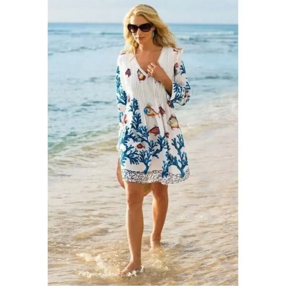 SOFT SURROUNDINGS Seychelles White Blue Coral Tropical Fish Tunic Blouse Small