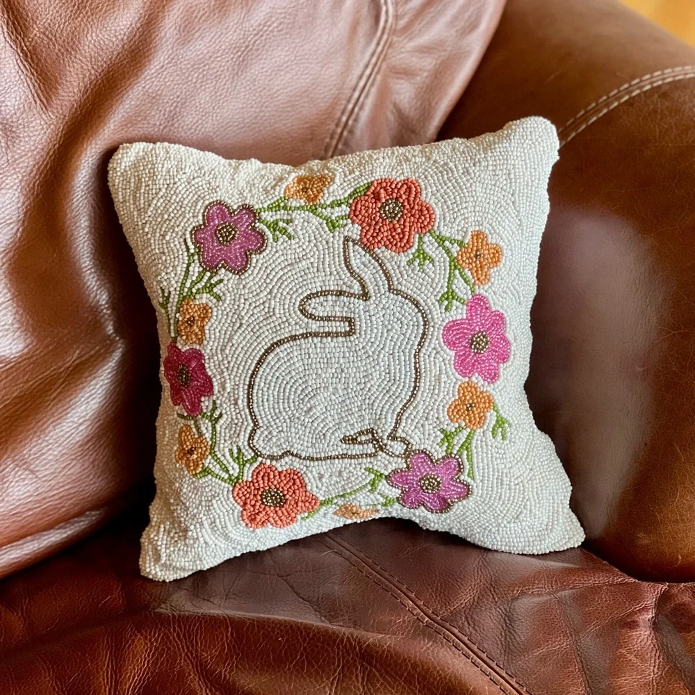 Beaded Bunny and Floral Wreath Accent Pillow