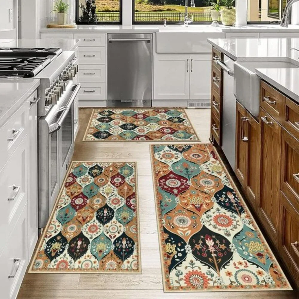 New Sets of 3 Non Slip Floral Patteren Kitchen Rugs, Washable Runner Rugs