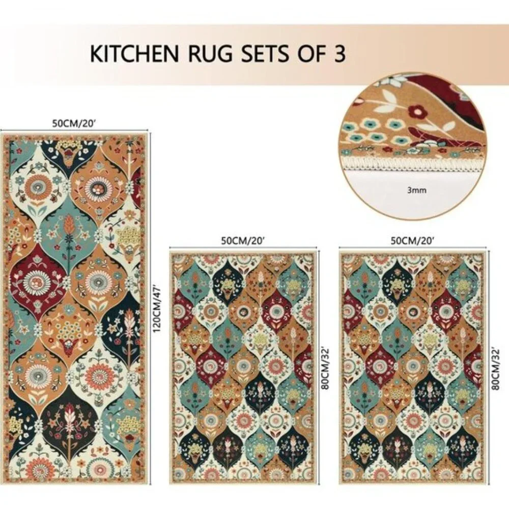 New Sets of 3 Non Slip Floral Patteren Kitchen Rugs, Washable Runner Rugs