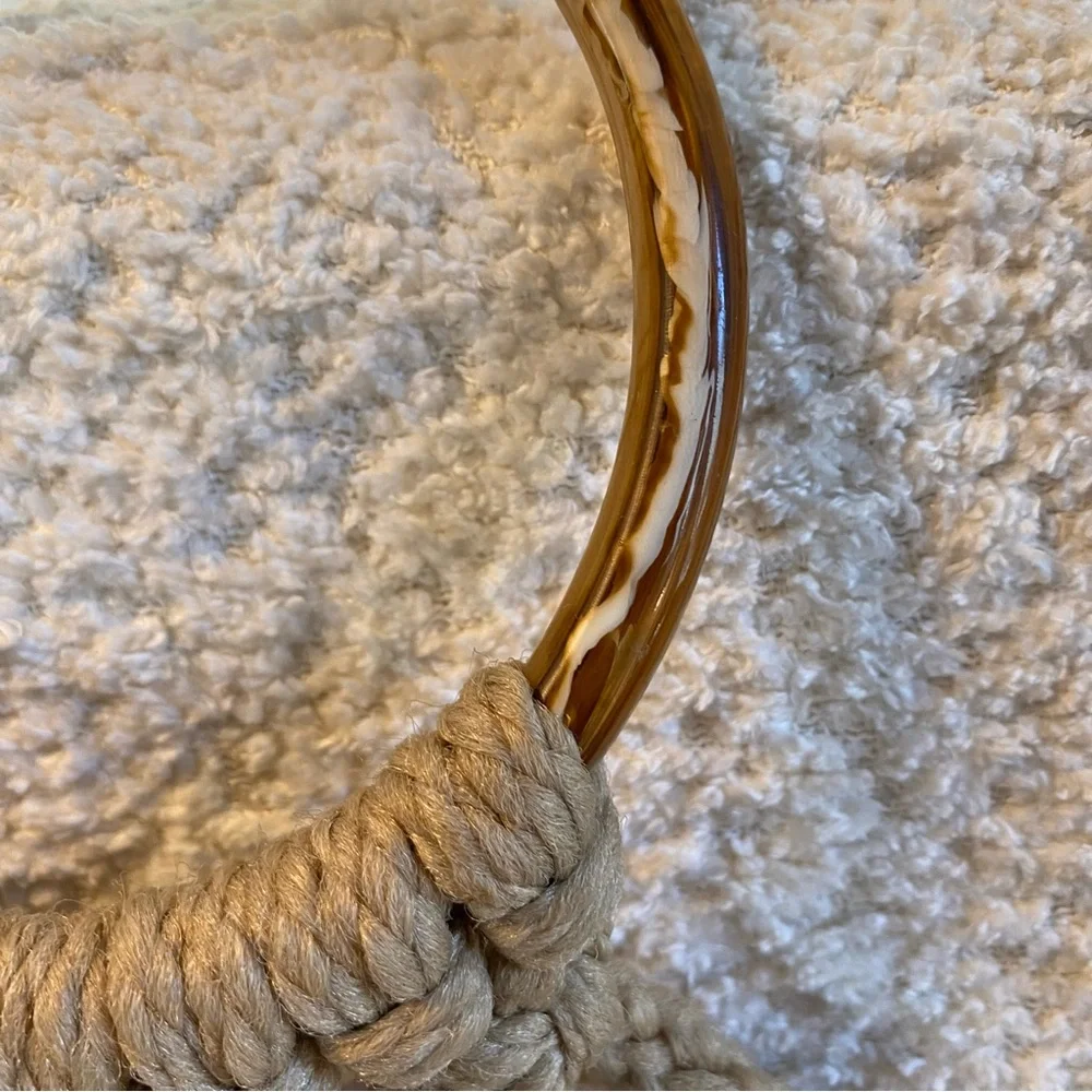 Vintage MCM Macrame Bathroom Towel Holder W/ Ceramic Turtle Accent Towel Rings