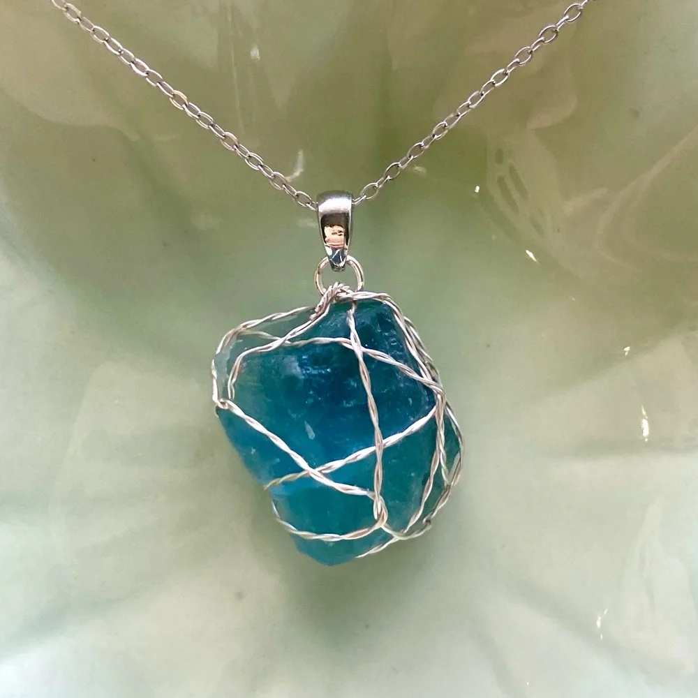 Raw Blue Fluorite silver Wire Wrapped pendant P22