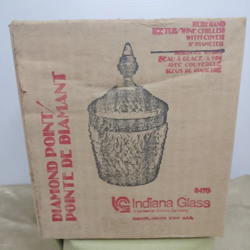 Indiana Glass Diamond Point Ruby Flash Red Ice Bucket w Lid 10.5” NIB