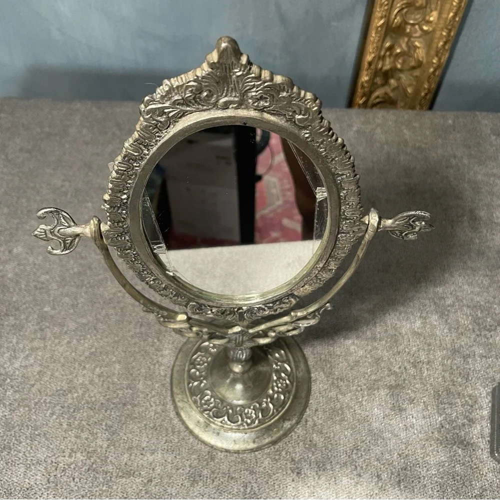Vintage Ornate European Style Brass Toned Metal Vanity Mirror