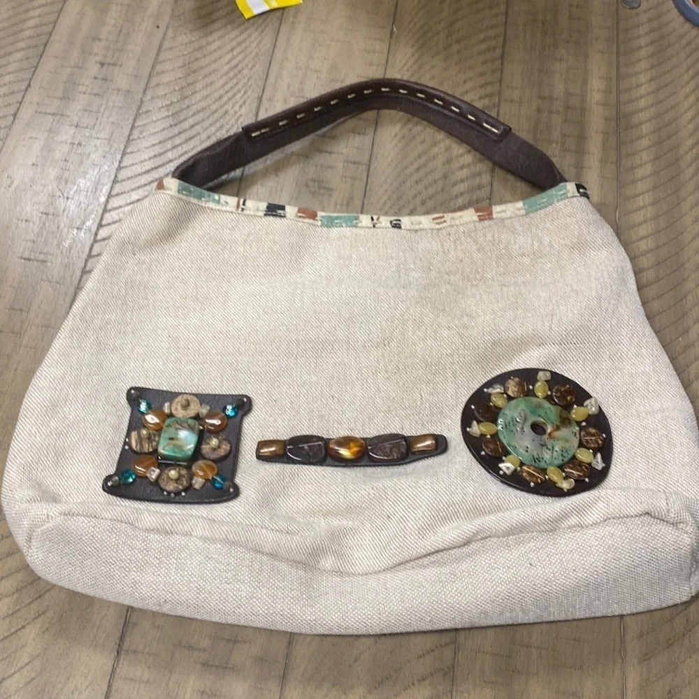 Nine West Boho Beaded Linen Tote Shoulder Bag with Gemstone Accents