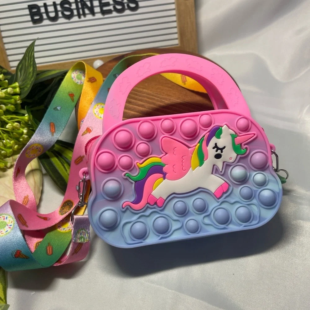 Unicorn Pop It Fidget Purse – Rubber Crossbody Bag w/ Strap Kids Sensory Toy