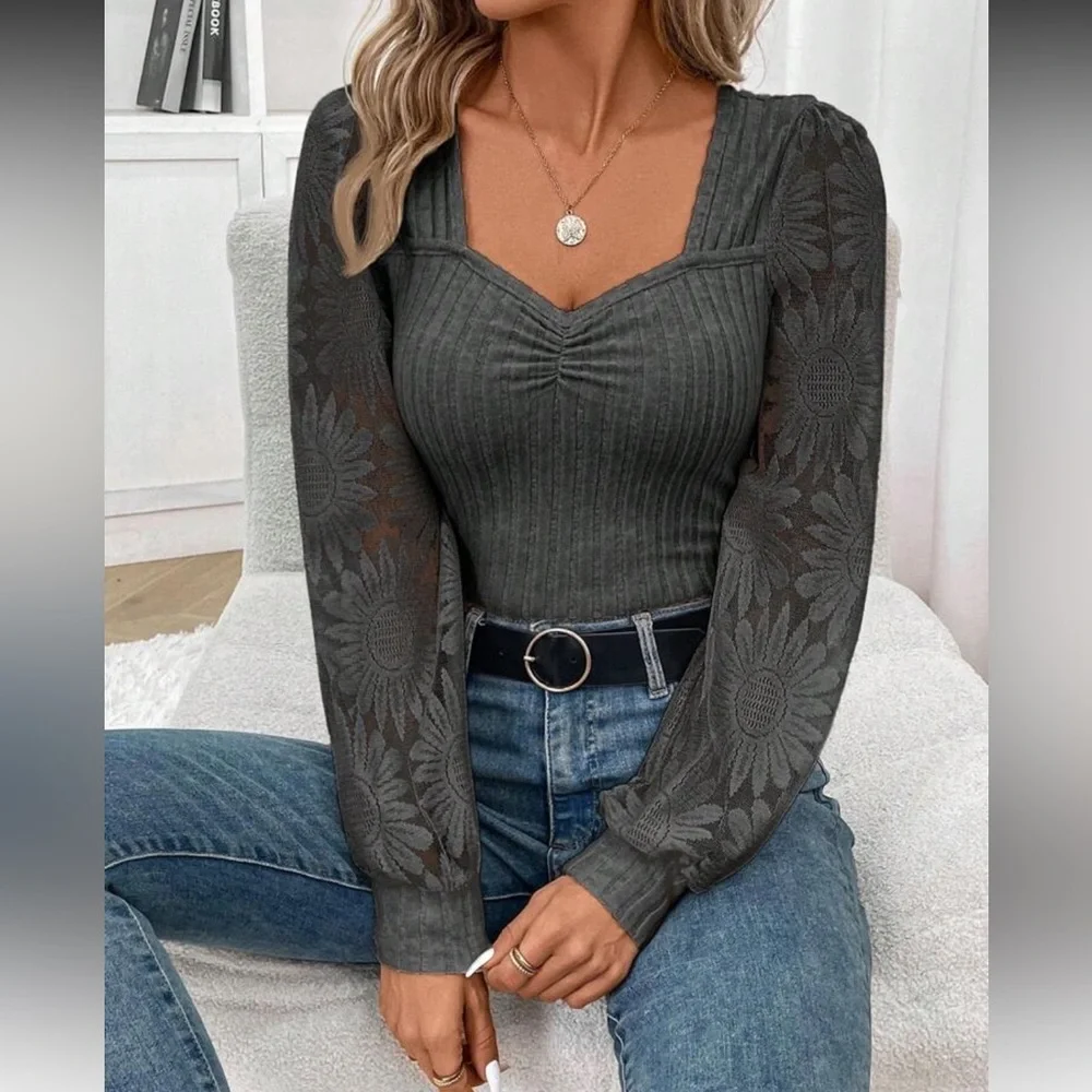 Blue Floral Sleeve Ribbed Sweater