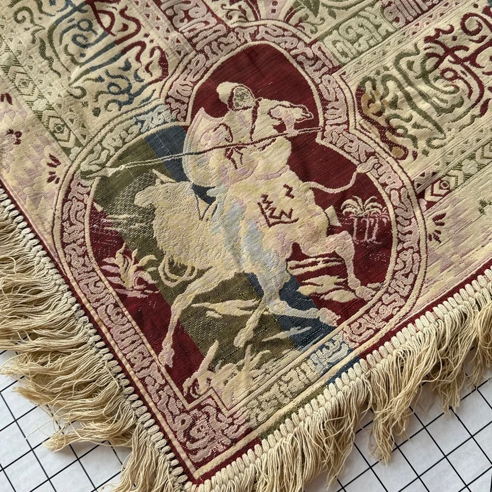 Vintage Woven Tapestry Throw / Wall Hanging – Warrior on Camel & Palm Trees– MCM