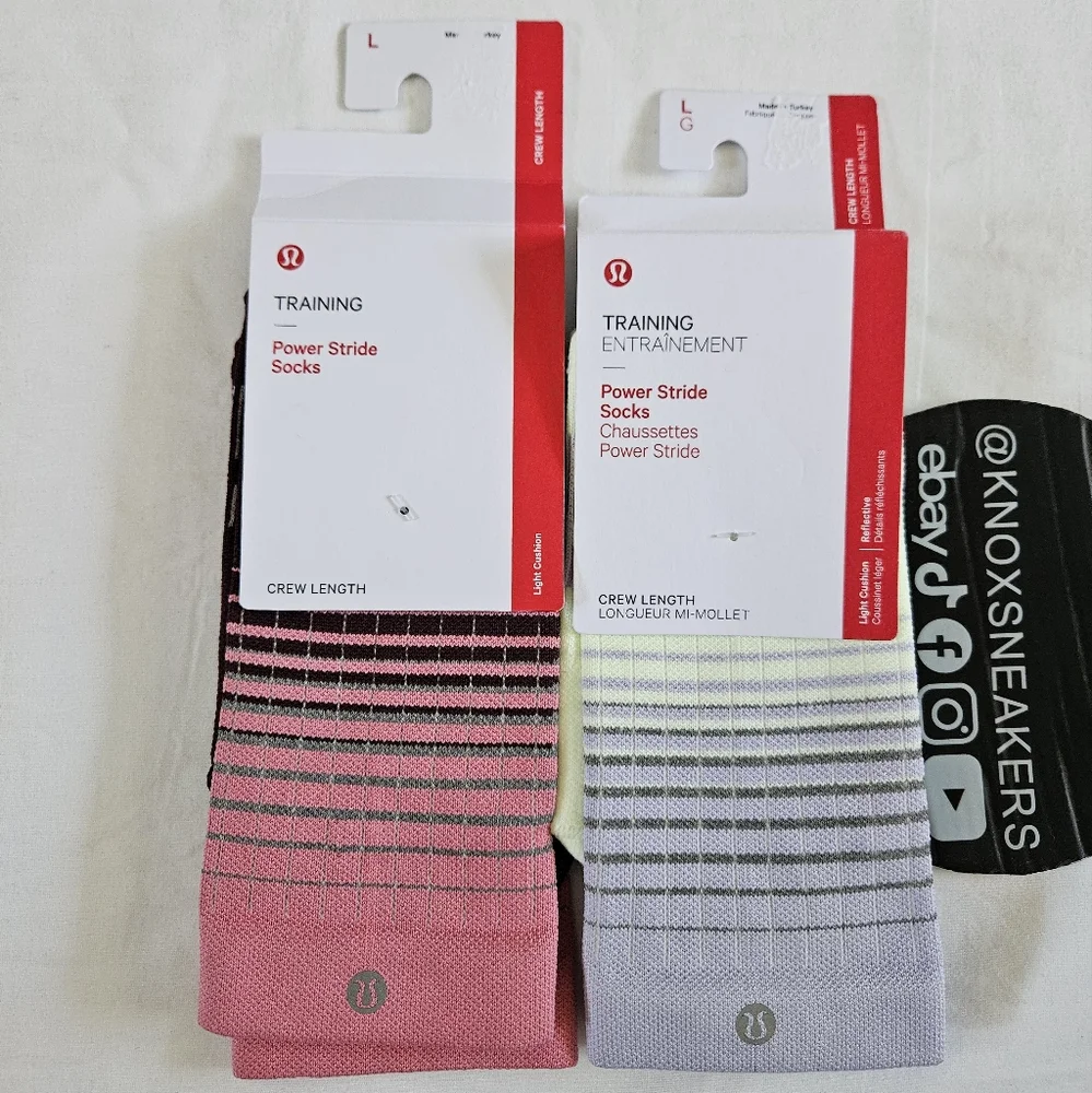 TWO PAIRS Lululemon Power Stride Crew Socks Pink Purple Women's Size Large 9-11
