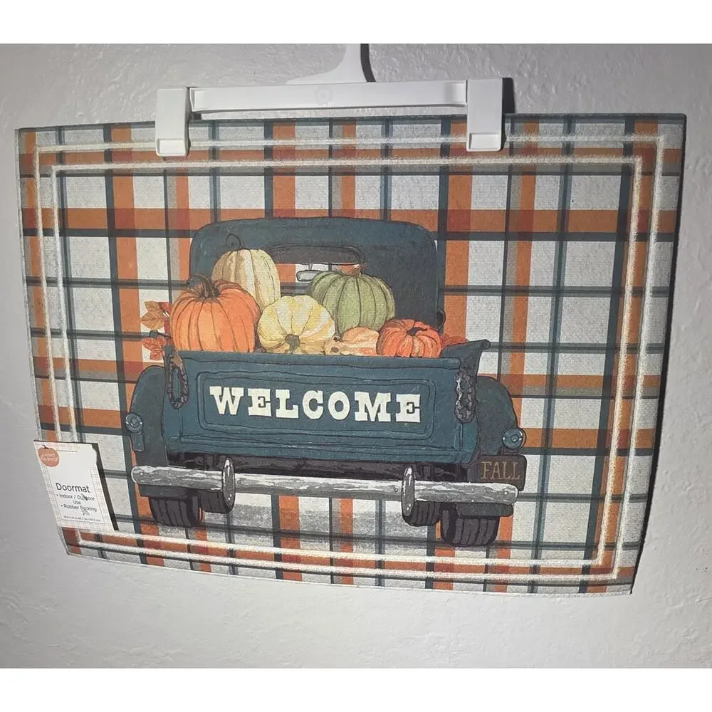 Pumpkin Plaid Truck Welcome Doormat Indoor Outdoor Rubber Backing 18 x 24