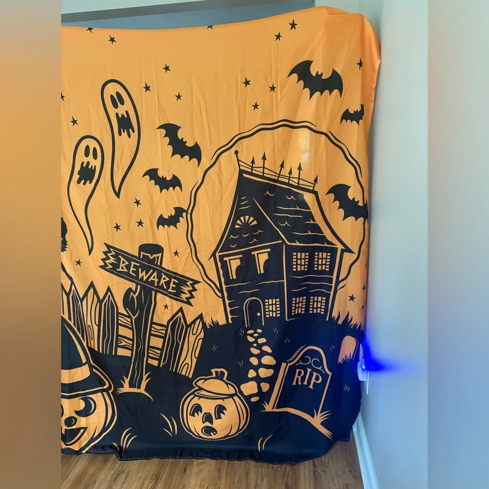 Sourpuss Halloween shower curtain with ghosts, pumpkins and more! 🐈‍⬛ 🪦🎃 👻