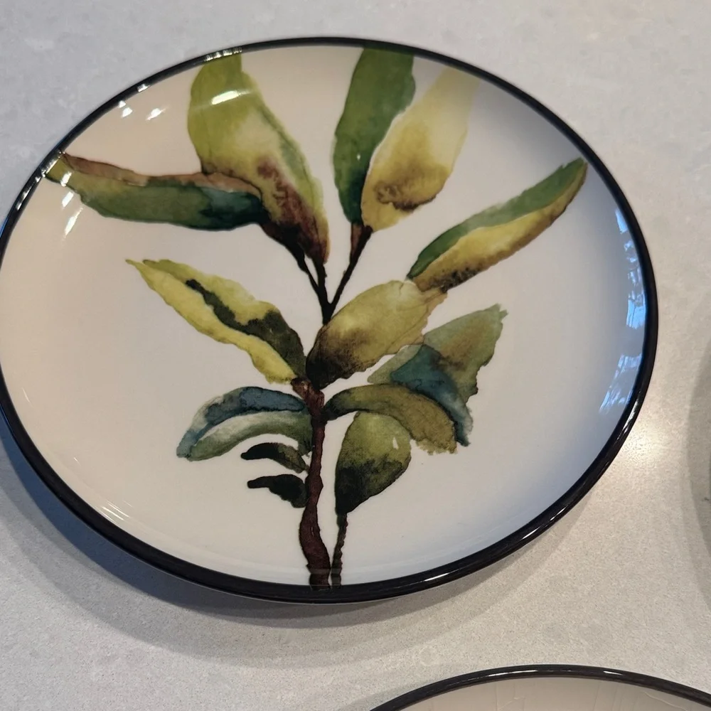 Crate&Barrel Botanical Dinnerware Set - Cream and Green 1 plate has small chips