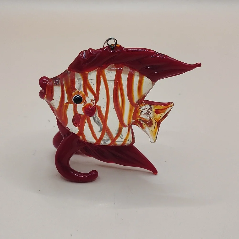 Vintage Handcrafted Blown Glass Red Tropical Striped Fish Ornament W/ Metal Hook