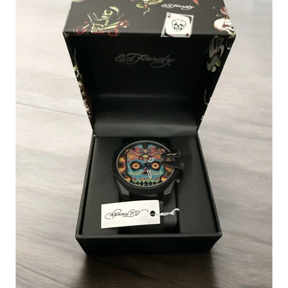 Ed Hardy Mens Beaded Skull Black Dial/Matte Black Metal Mesh Strap Watch 53 mm