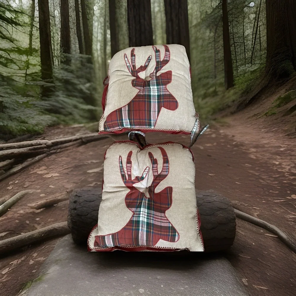 Pier One Imports Christmas Holiday Plaid Reindeer Chair Cushions Pillow 16