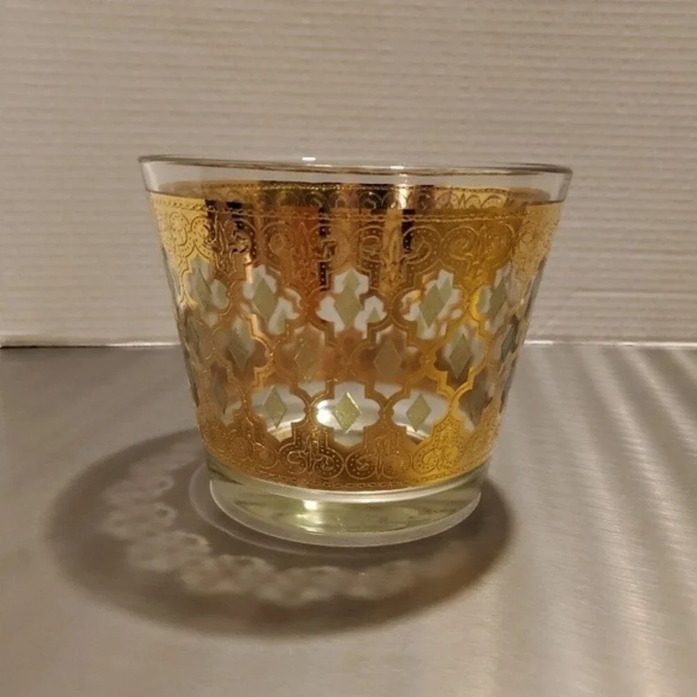 Vintage Culver Valencia 22K Gold Glass Ice Bucket with Green Diamonds MCM