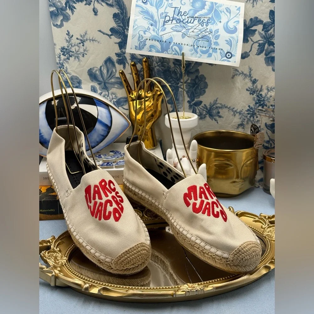 🆕 MARC JACOBS 🧿 NWOB The Marc Heart Espadrille Flat, Red & Cream - Sz 39 US 9