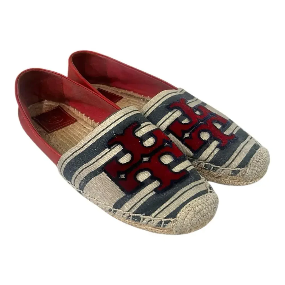 Tory Burch Ines Espadrille Women's Size 7.5 Fil Striped Coupe Red Blue