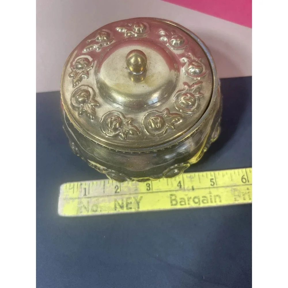 Brass Embossed Floral Round Jewelry Trinket Keepsake Box