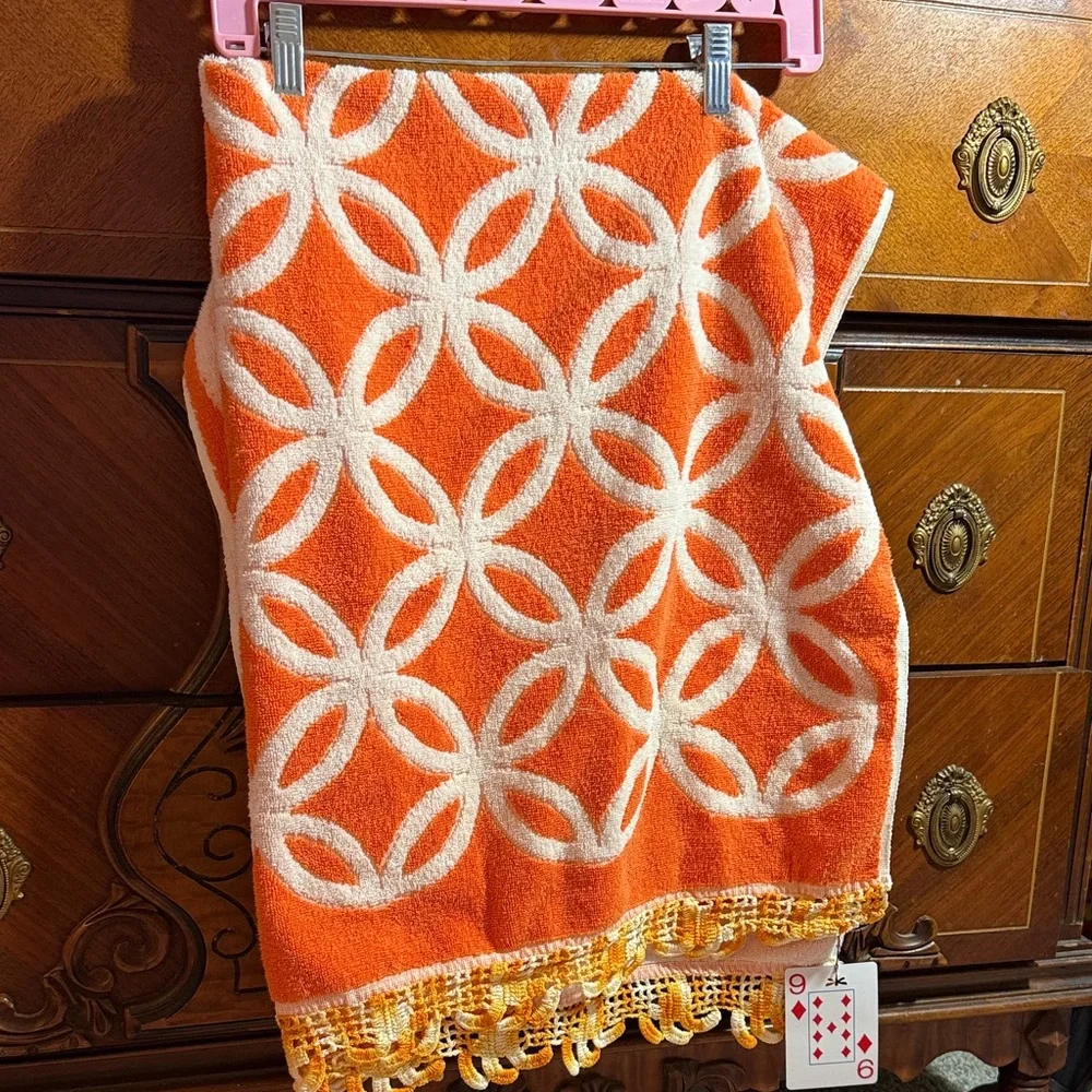 True Vintage crochet hem Orange White Geometric Towel  by MARTEX, cotton, USA