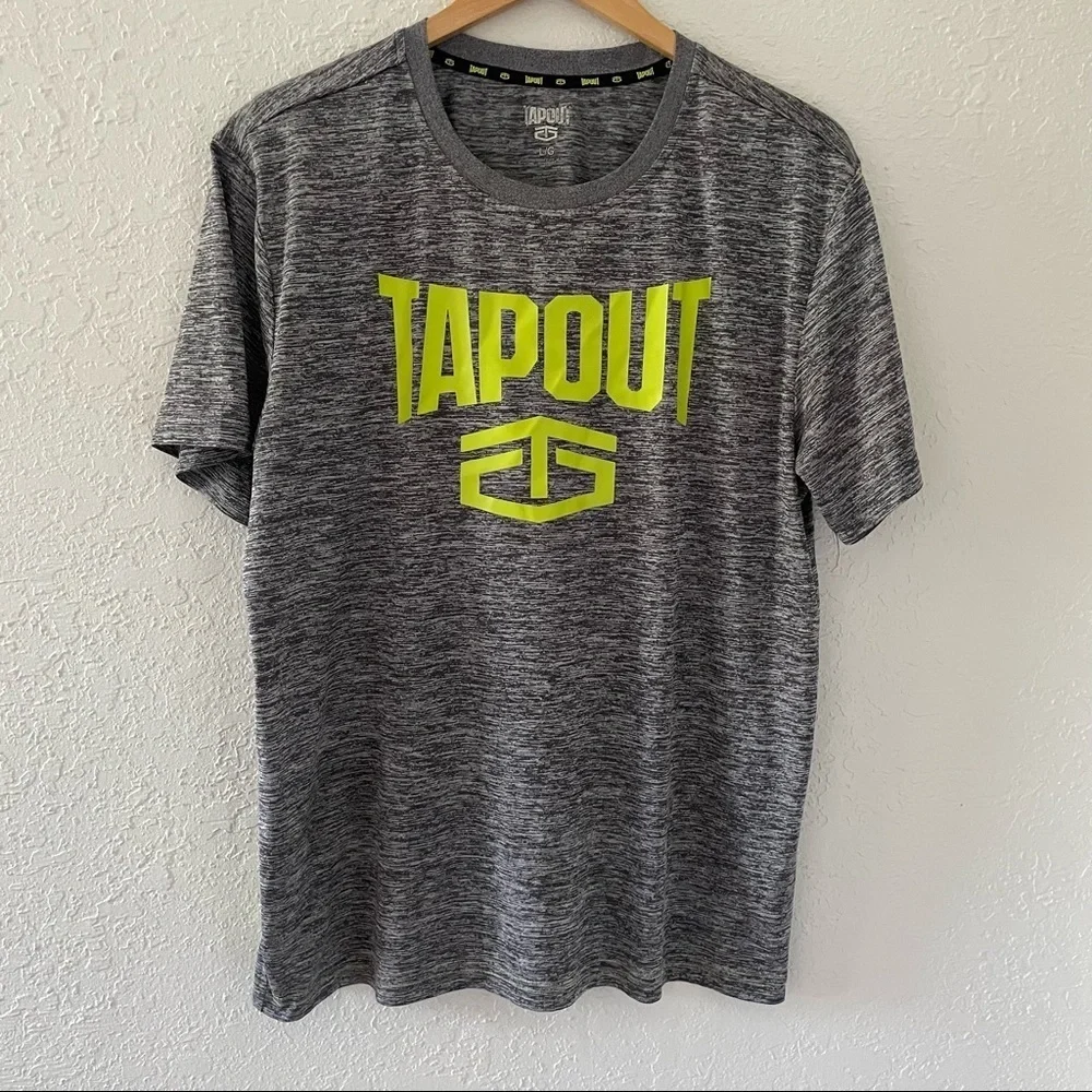 Tapout Size Large Men’s Graphic T Shirt Short Sleeve Charcoal Heather And Yellow