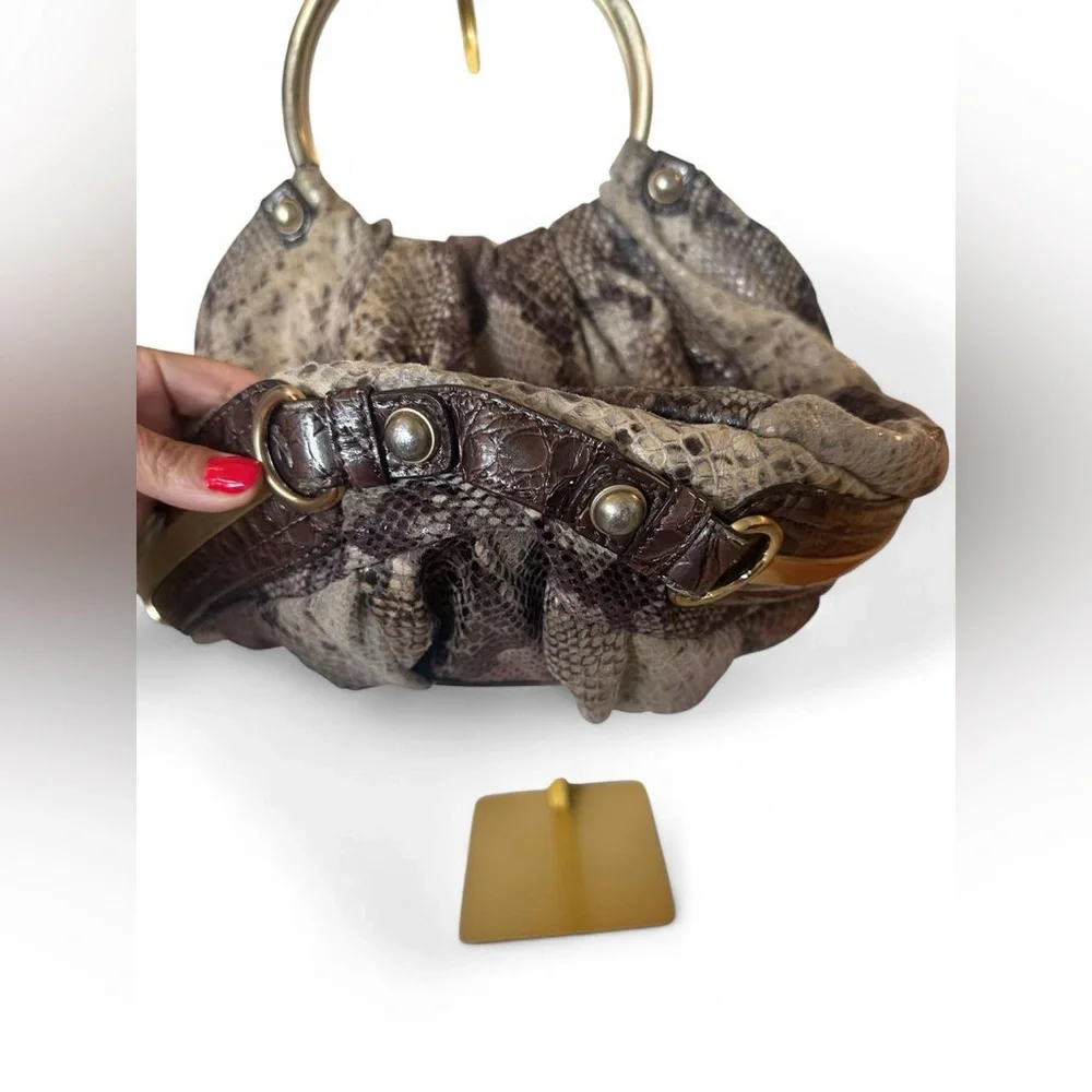 Marciano by Guess Snakeprint Ring Handle Purse Gold Hardware Neutral Brown Gray