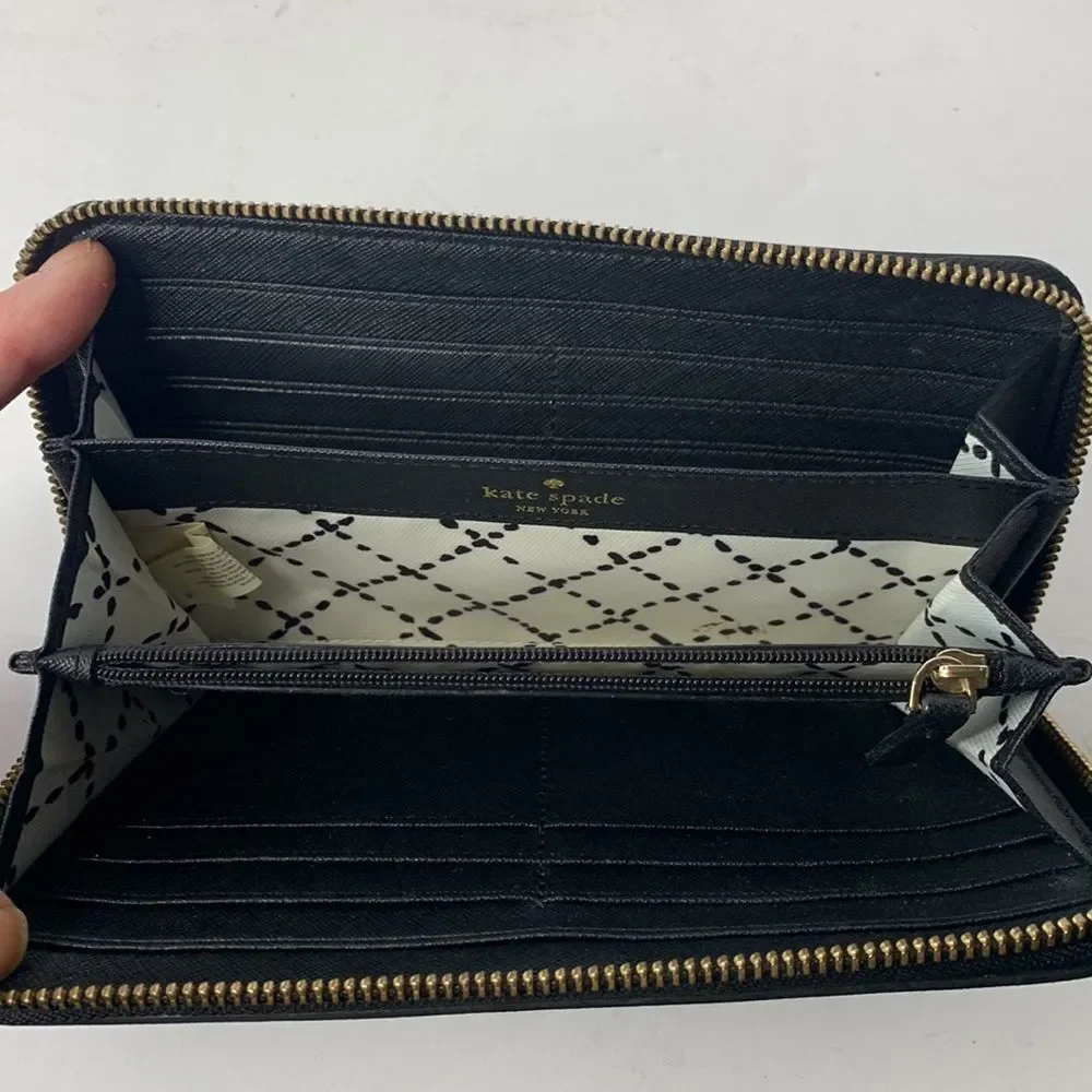 Kate Spade Newberry Lane black crossgrain leather continental zip-around wallet
