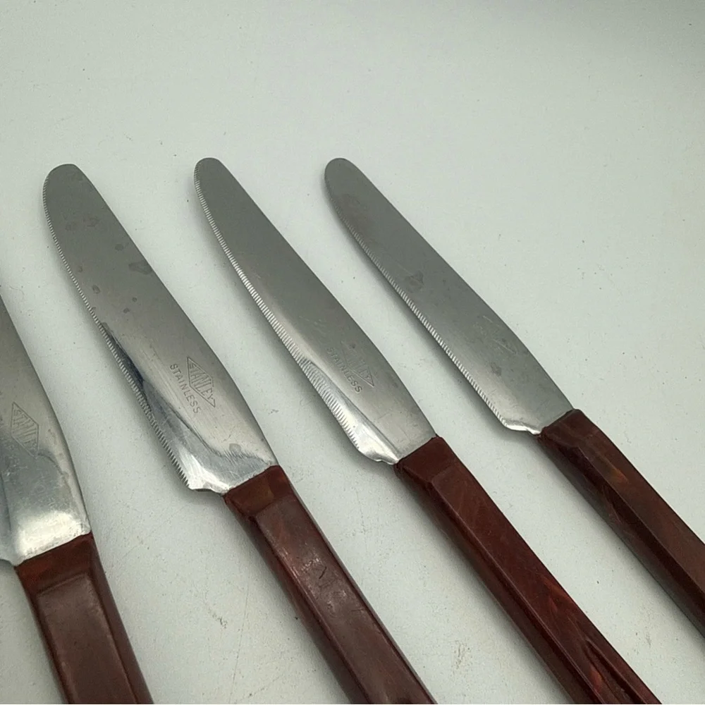 6 VTG Stanley Deluxe Stanhome Steak Knives Catalina Lucite Cut Out Handle MCM