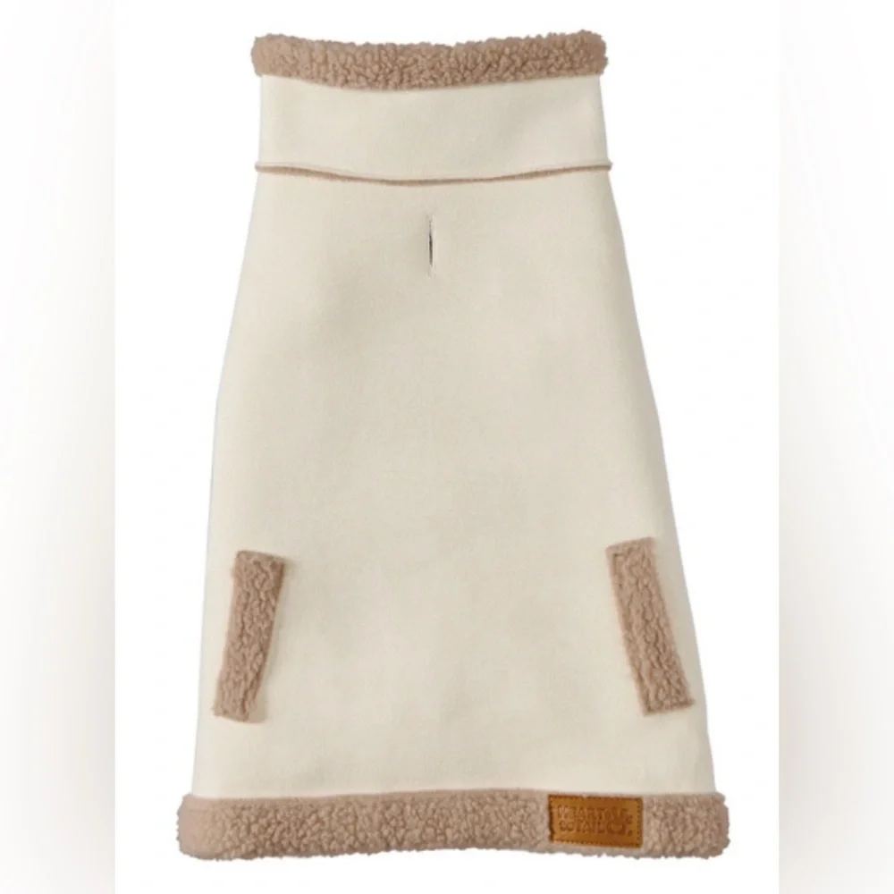 Dog jacket Sherpa lined with buckle neck closure. Cream color tan detailing. XS