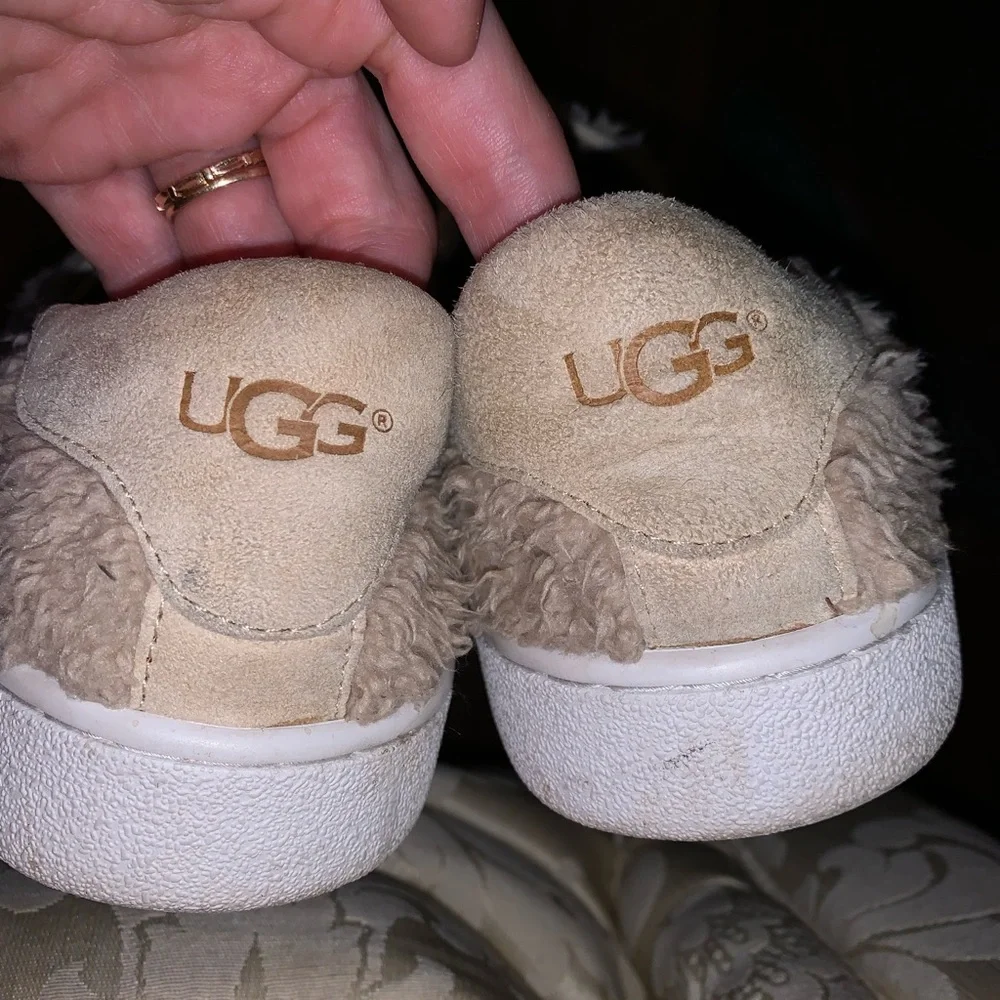 UGG Ricci Leather Faux-Fur Slip-on Sneakers, Size 8.5, Color: Natural
