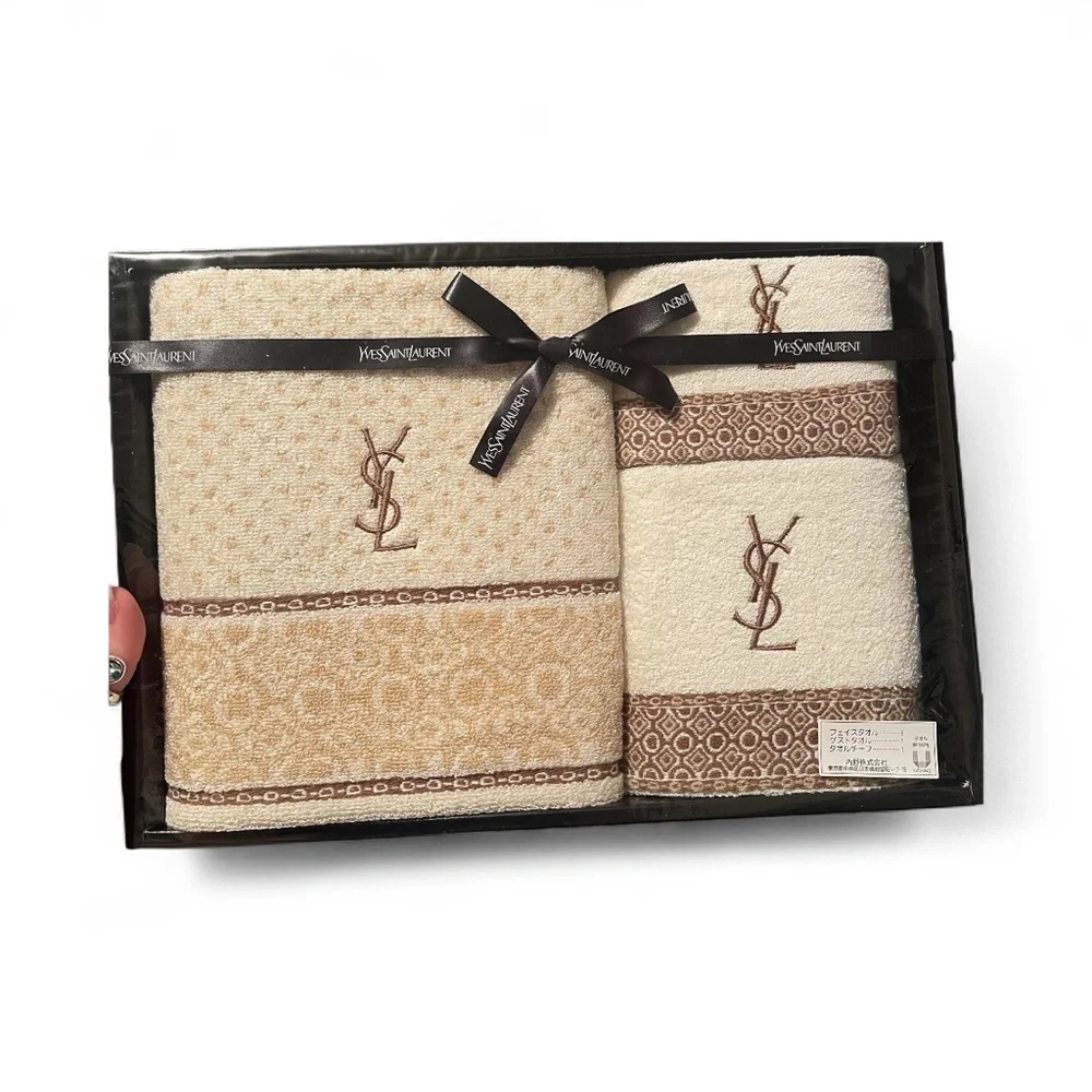 Yves Saint Laurent Cream Towel Set with Brown Details