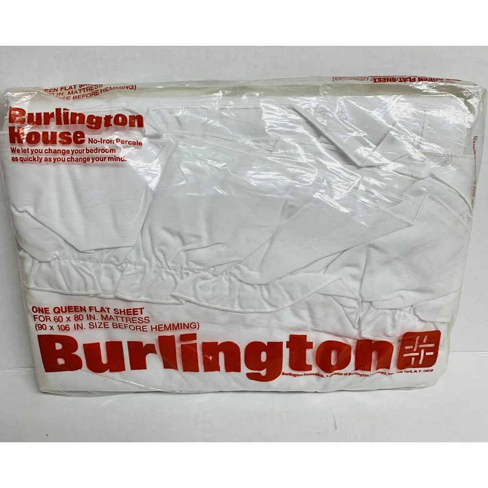 Vtg Burlington House Queen Flat Sheet White Ruffle No Iron Percale Made USA NOS