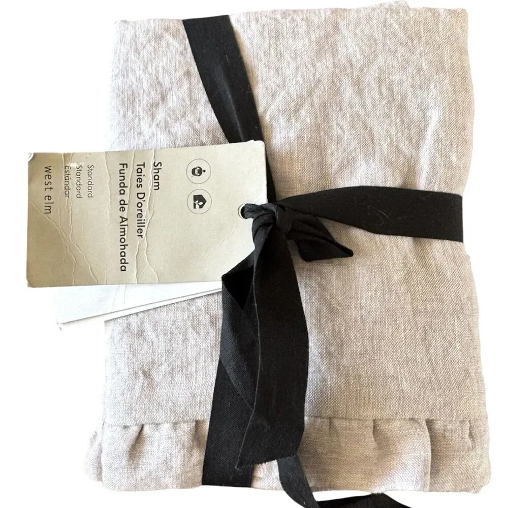 West Elm European Flax Linen Ruffle Standard Sham Gray/Lavender NEW