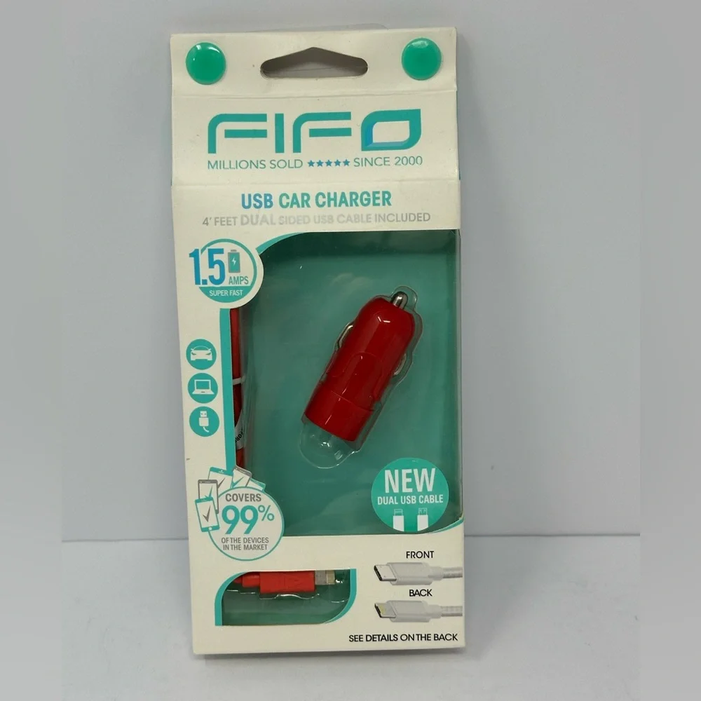 Fifo USB Car Charger 4ft dual sided cable Red Android and Apple P4