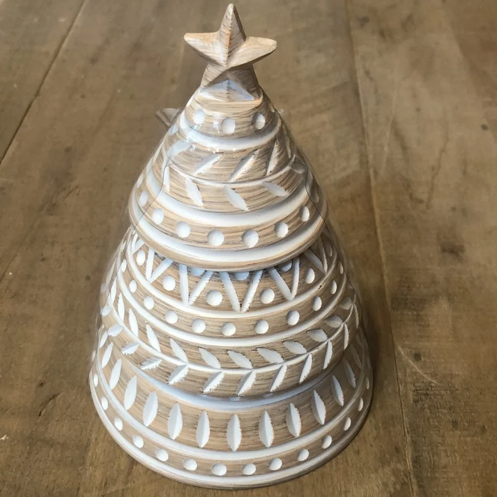 🤎🤍🤎 Bathroom Q-Tip Holder Christmas Tree Wooden White & Gold Wash 🤎🤍🤎 NWT