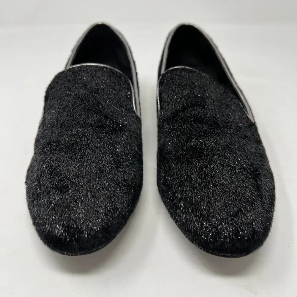 Marc Fisher Black Silver Shimmer Studded Abree Faux Fur Womens Loafers Shoes 7.5