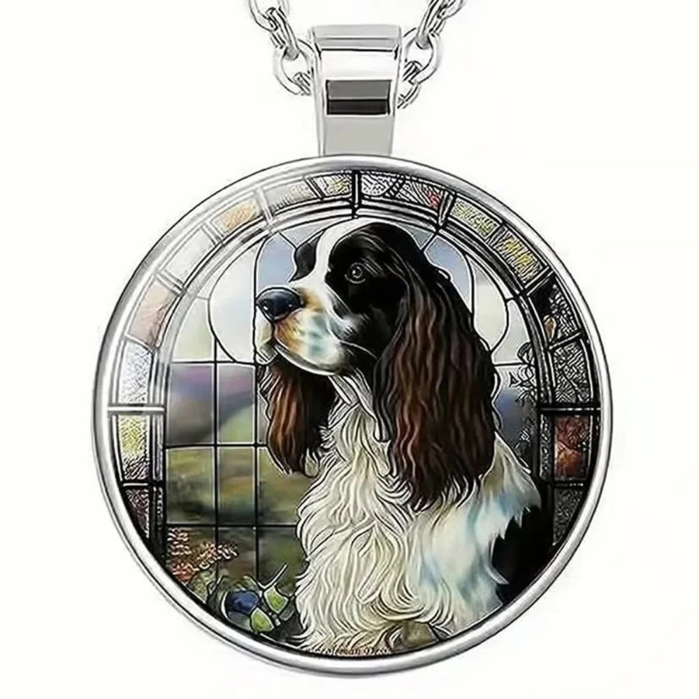 Silver SPANIEL Dog Glass Cabochon Pendant Necklace