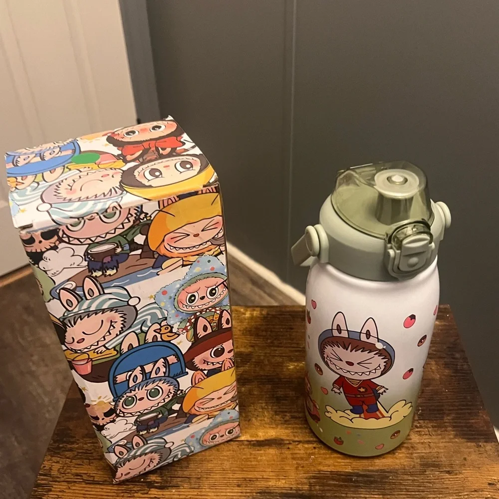 Labubu Cartoon Character Water Bottle with Sage Green Lid