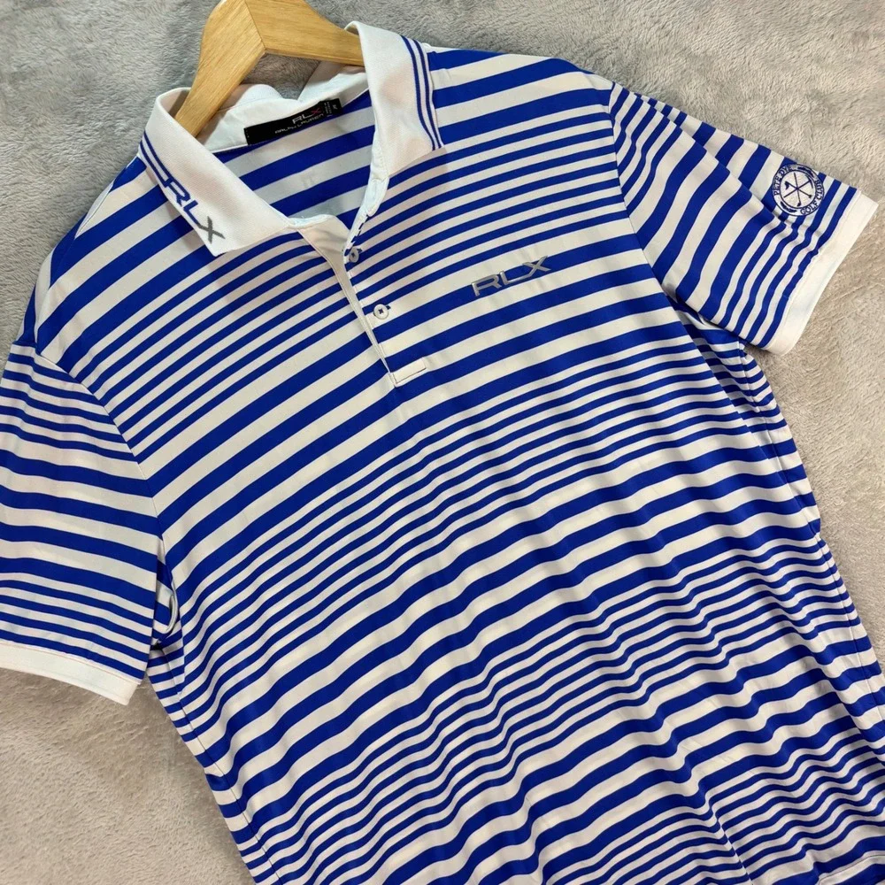 RLX Ralph Lauren Men's Golf Polo Blue White‎ Striped Pete Dye Club Sz XL Preppy