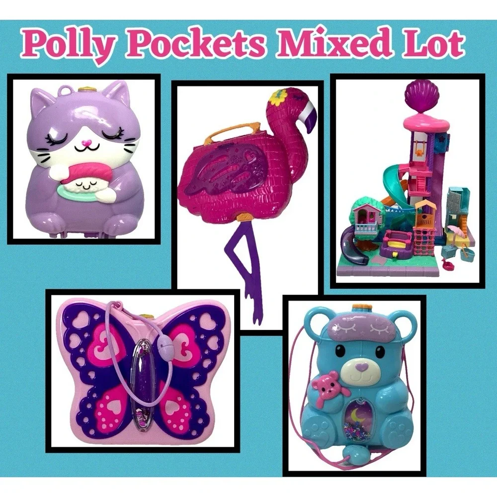 Polly Pocket 4 Large Compacts Mixed Accessories + Playground Water Park Plz Read