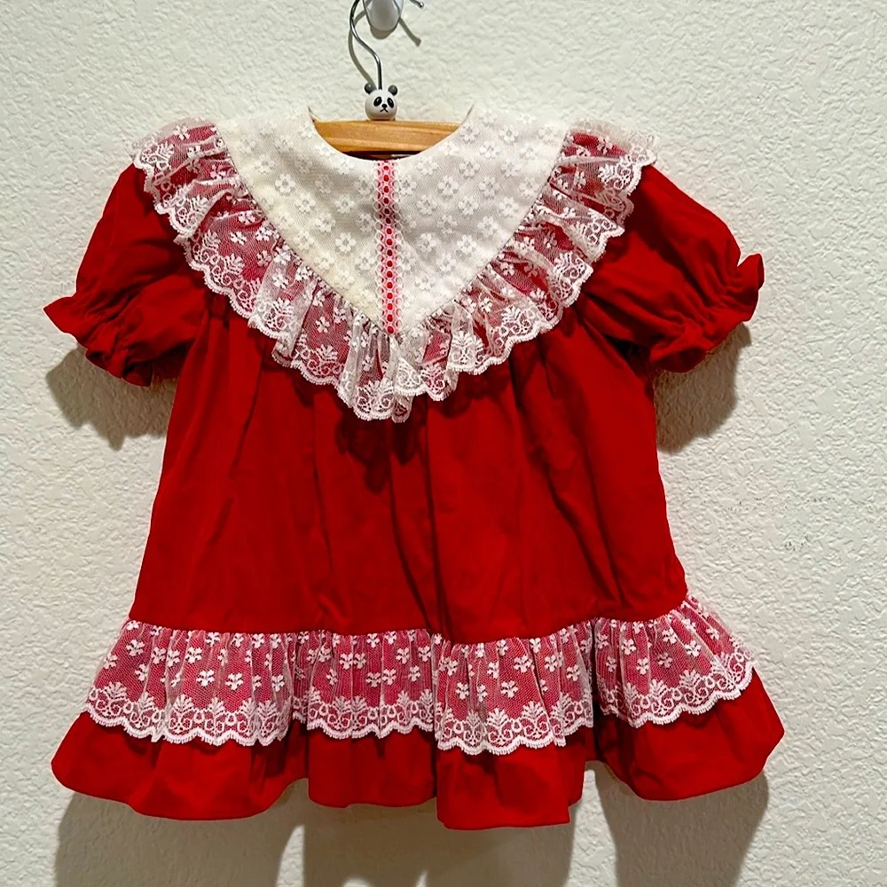 VINTAGE Red Velvet & Lace Frilly Puff Sleeve Christmas Dress Toddler Girl Sz 4T
