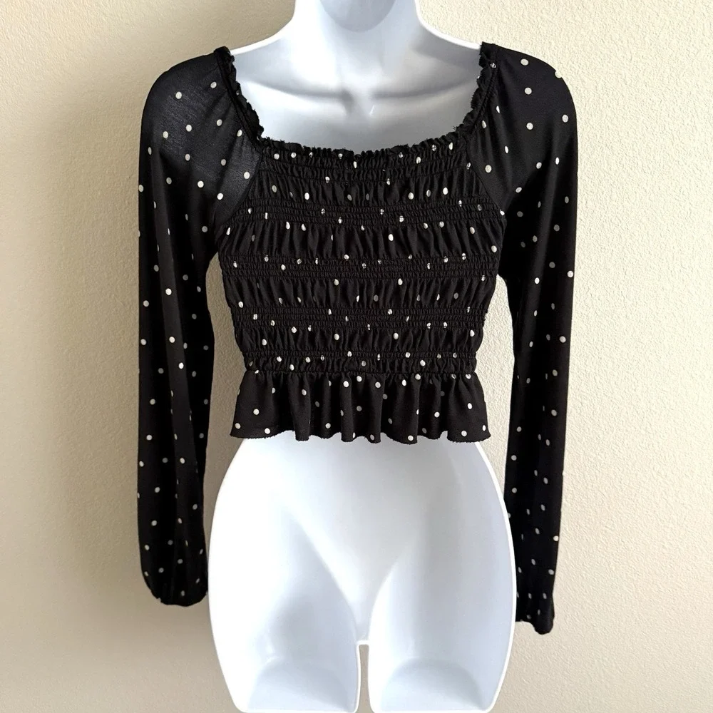 Urban Outfitters Peasant Blouse Womens XS Black Polka Dot Milkmaid Whimsigoth