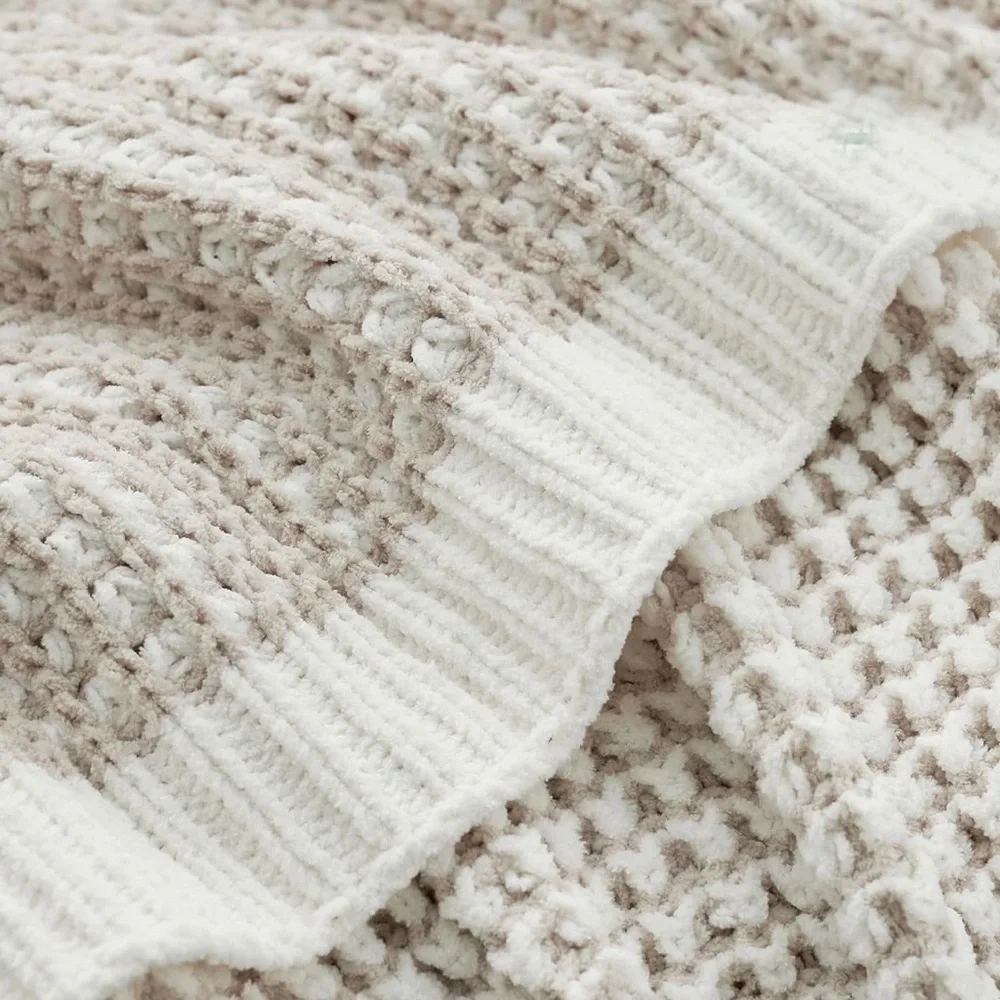 NEW West Elm Beige Woven Waffle Knit Cotton Boho Cozy Throw Blanket - 60